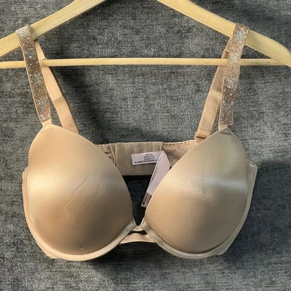 Victoria's Secret Very Sexy Push Up Bra Rhinestone Straps 34DDD Beige - Picture 1 of 5